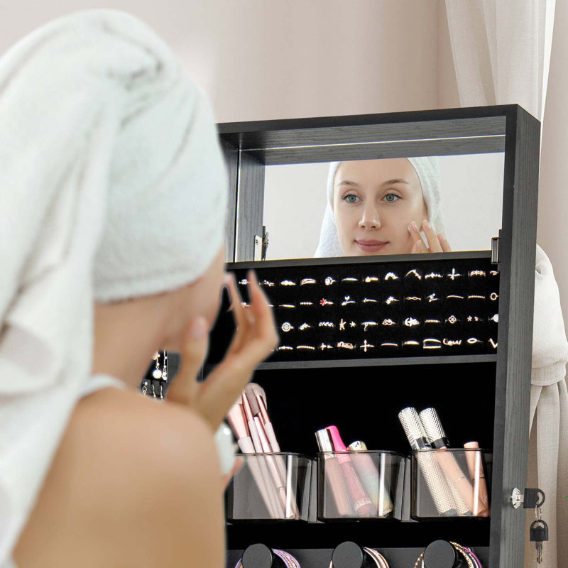 Led Mirror Jewelry Cabinet With 20 Led Lights Full-length Mirror Adjustable Angles, Black