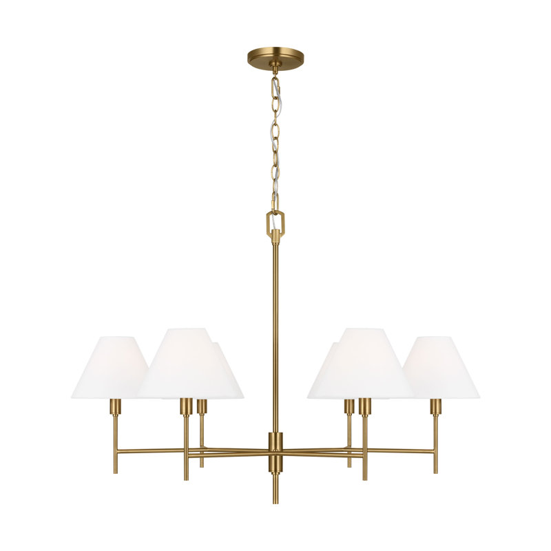 Chapman & Myers Ridgewood 6 Light Dining Room Chandelier With White Linen Shade, 25.625" H x 36" W x 36" D, Burnished Brass