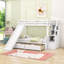 Lit superposé simple au dessus d'un lit double en bois avec escalier de rangement, glissoire et tiroirs-1205261767