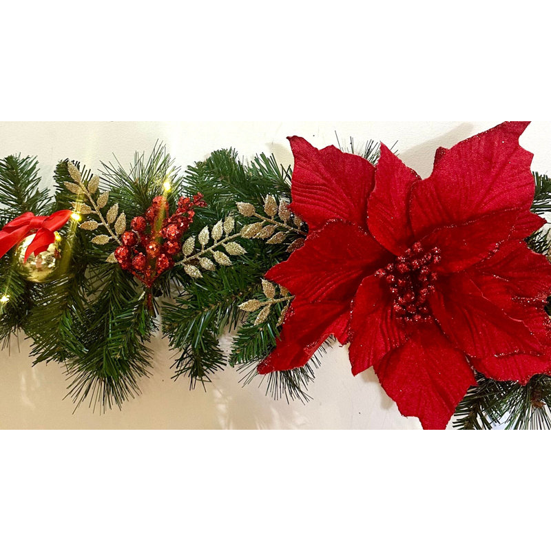 Guirlande de Noël pré-éclairée rouge et champagne / or Poinsettia