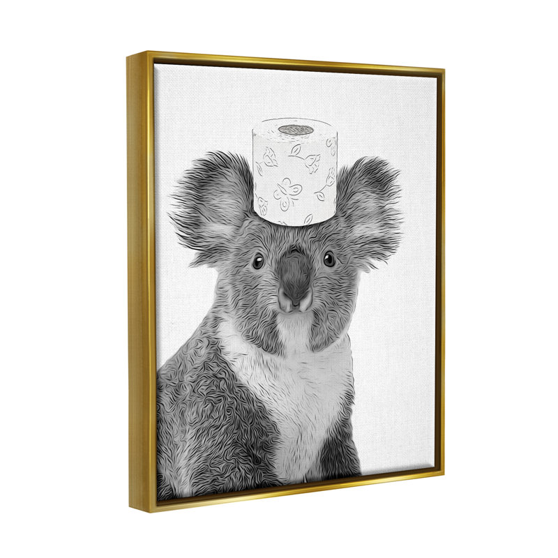 Koala et papier hygiénique par Annalisa Latella, H 31 po x l 25 po x P 1,7 po, Cadre flottant métallique doré