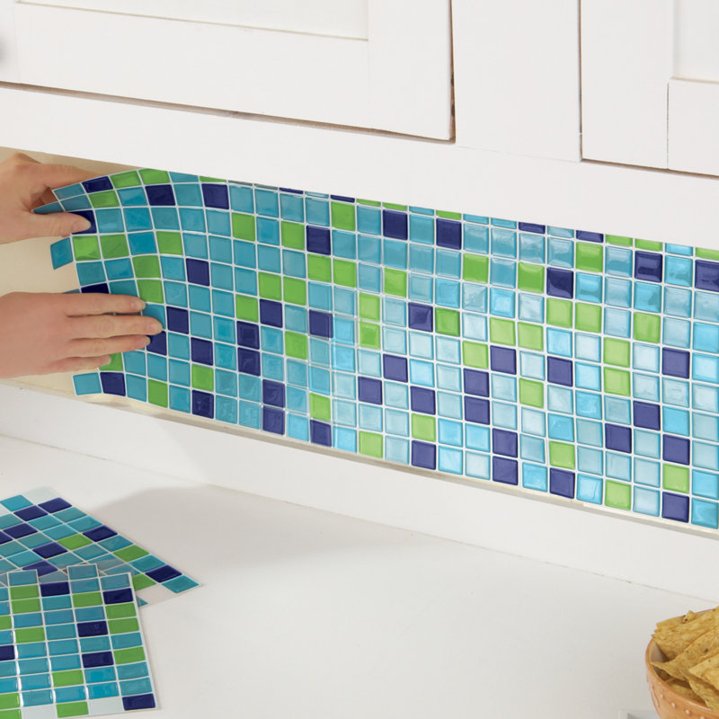 Blue-Green Adhesive Mosaic Backsplash Tiles Set of 6
