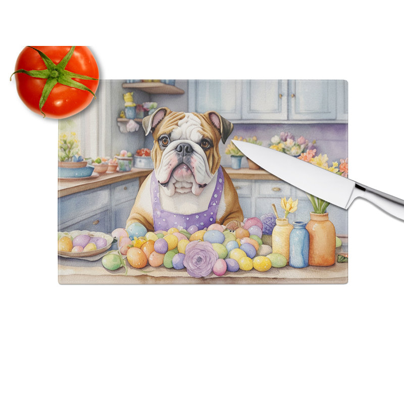 Planche à découper en verre avec décoration de bouledogue anglais de Pâques