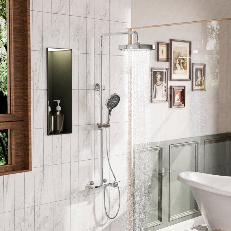 Système de douche à 3 fonctions avec pomme de douche à effet de pluie de 10,8 po et douchette, fixation murale en laiton avec support réglable
