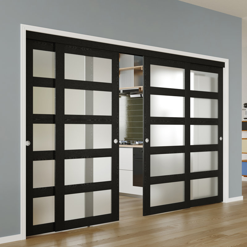 Porte coulissante - Porte intérieure en panneau de fibres à densité moyenne noire en verre givré 5 Lite avec poignées intégrées et quincaillerie coulissante en aluminium lisse