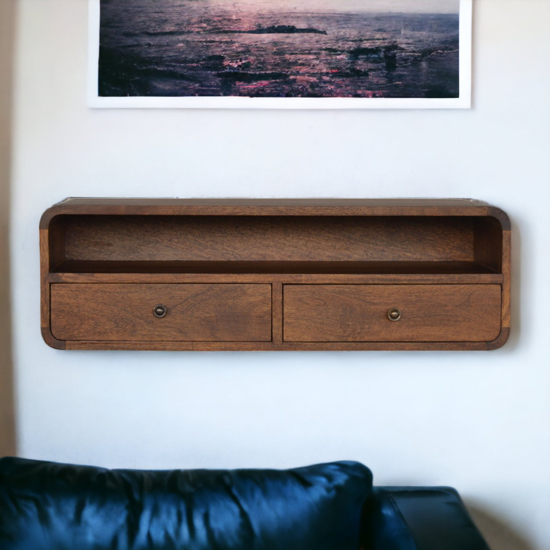 Solid Wood Floating Chestnut Open Console, 2 Drawers & 1 Shelf, Dark Brown & White, Wall-mounted, Fully Assembled