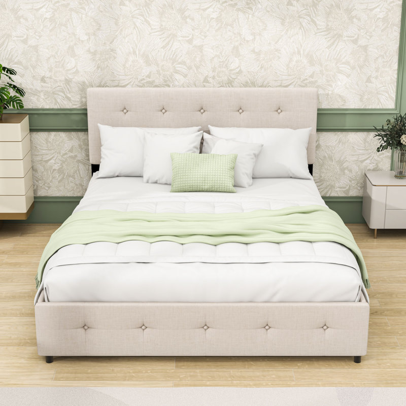 Grand lit plateforme tapissier grand avec tête de lit capitonnée et tiroirs de rangement, Beige
