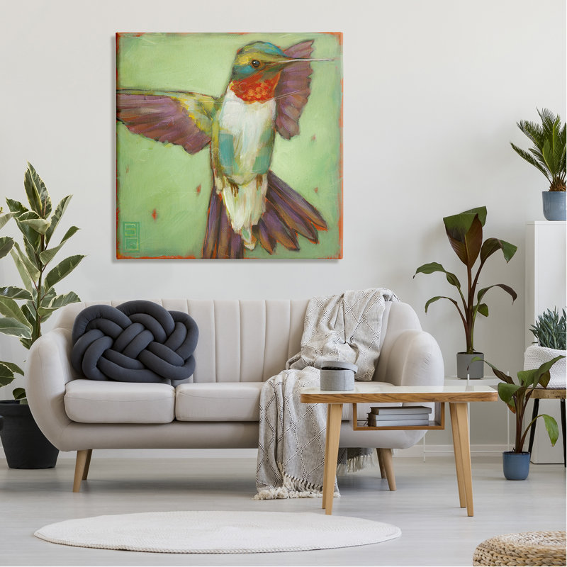 Colibri vert volant sur toile par Stacy Daguiar, H 36 po x l 36 po x P 1,5 po