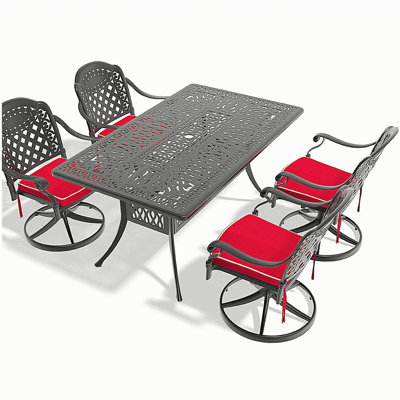 Ensemble de salle à manger 5 pièces en aluminium coulé résistant aux intempéries, comprenant 4 chaises pivotantes et une table rectangulaire avec cadre noir (même SKU: W1710S00452)