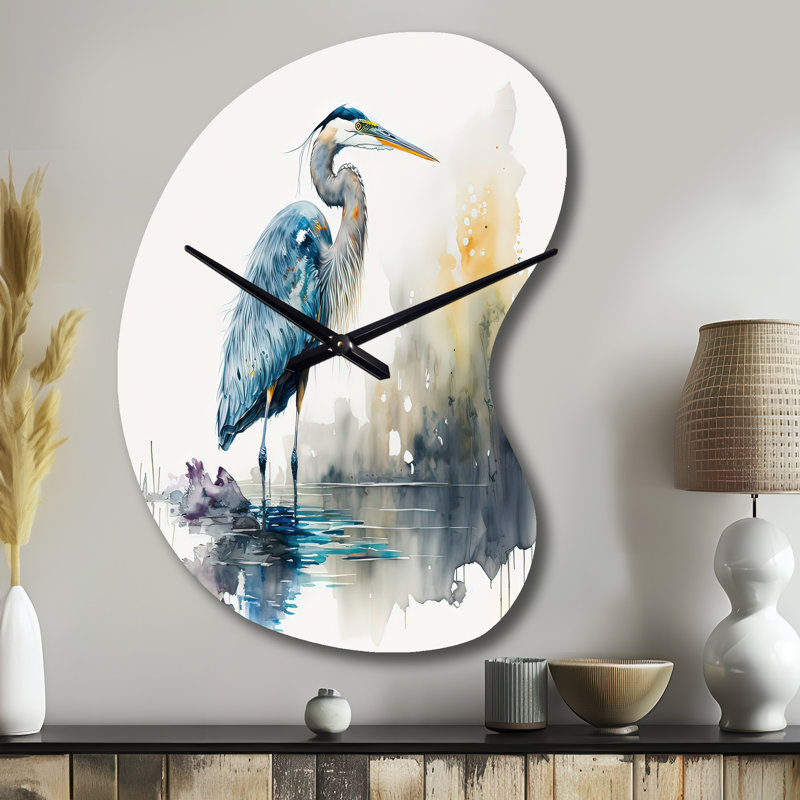 Mignon héron dans un lac, art floral III - Héron, horloge murale asymétrique, Grand