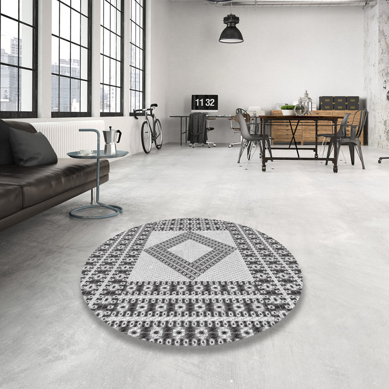 Tapis noir/blanc cassé tissé à la machine, Rond 5 pi