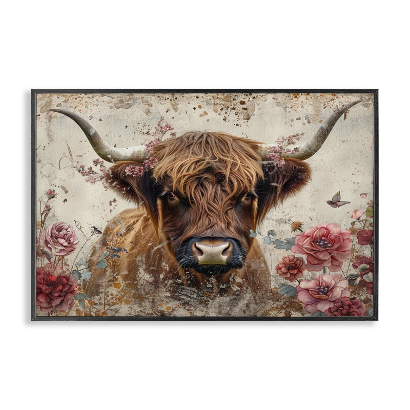  Vache Highland au printemps, estampe numérique par LSR Design Studio, H 12 po x l 18 po, Giclée encadrée noir minuit
