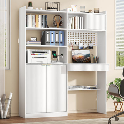  Bibliothèque de 70,87 po de hauteur avec porte et tiroir, bibliothèque en bois à 6 niveaux avec prises à DEL et prises de courant, grande bibliothèque avec armoire de rangement, étagère de présentation au sol pour le salon, blanc