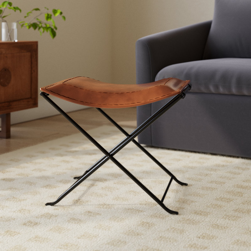 Sanford Iron Accent Stool, Brown Genuine Leather