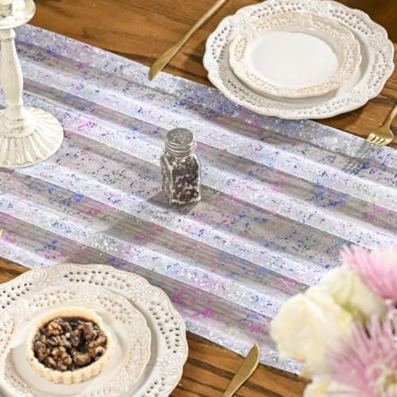6PCS Colorful Gold Gauze Table Runner 120 Inch 10FT, Glitter Metallic Foil Sheer Dining Wedding Anniversary Holiday Birthday Table Decor for Home Party