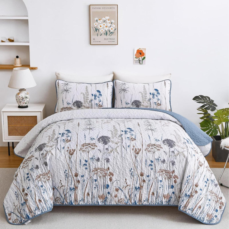 Ensemble de literie pour courtepointe pour grand lit à motif floral et botanique pour grand lit 3 pièces, Motif floral bleu