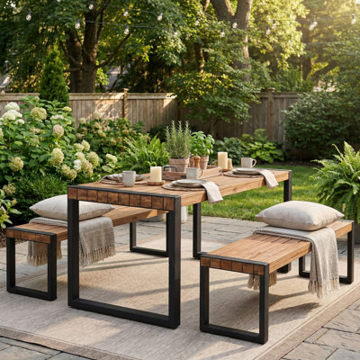 Ensemble de table de salle à manger d'extérieur 3 pièces avec 2 bancs, ensemble de salle à manger d'extérieur avec texture unique, plateau en bois d'acacia et structure en acier pour l'extérieur et l'intérieur