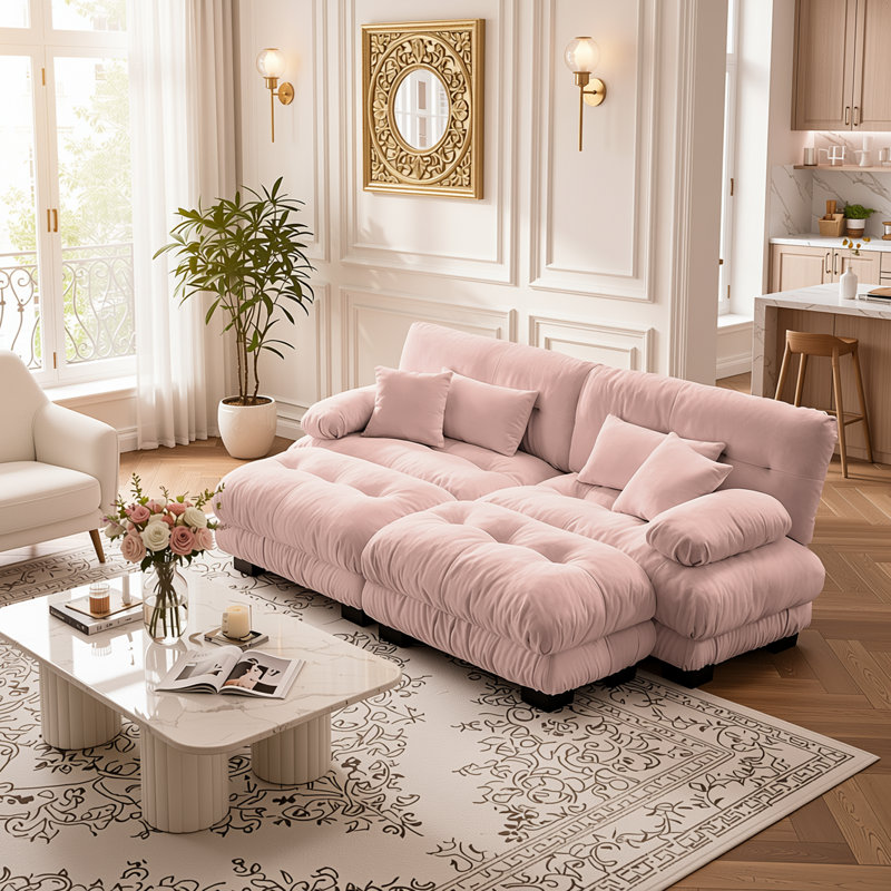 Ensemble de canapé Cloud 2 places en chenille avec 2 repose-pieds, canapé de salon à assise profonde et coussins, rosé, Rose