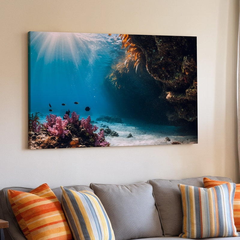 Toile, scène sous-marine vibrante représentant une caverne océanique ensoleillée avec art mural, H 30 po x l 30 po