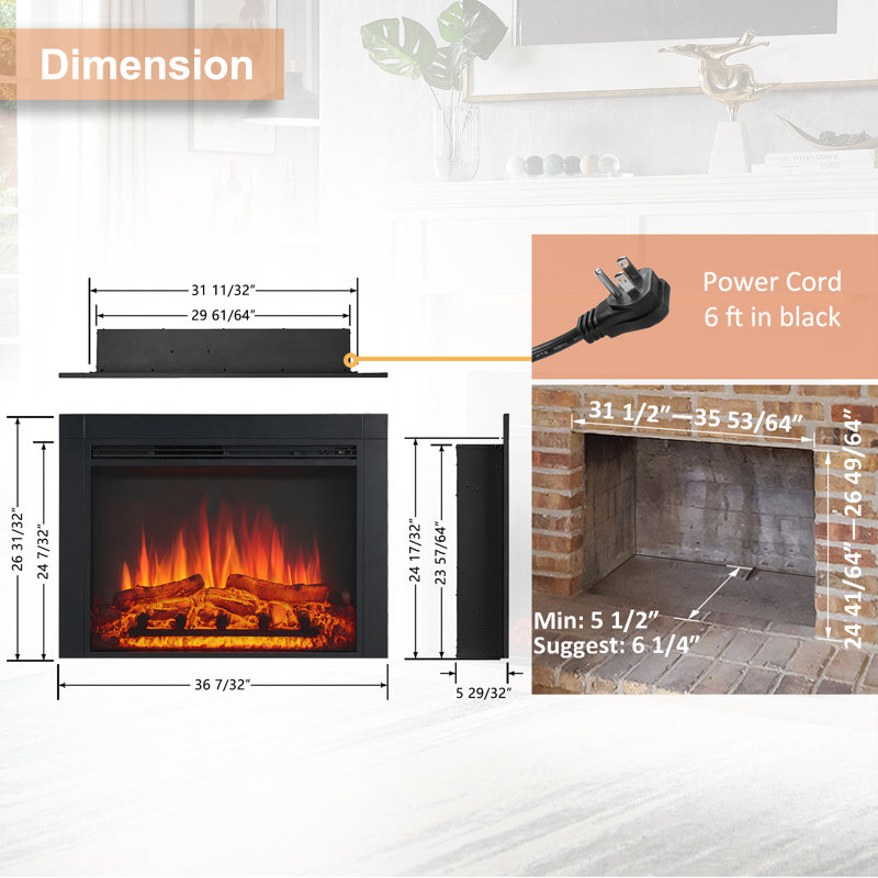 Perlo 36" W Electric Fireplace Insert with Adjustable Flames, Fire Cracking Sound  Remote Control