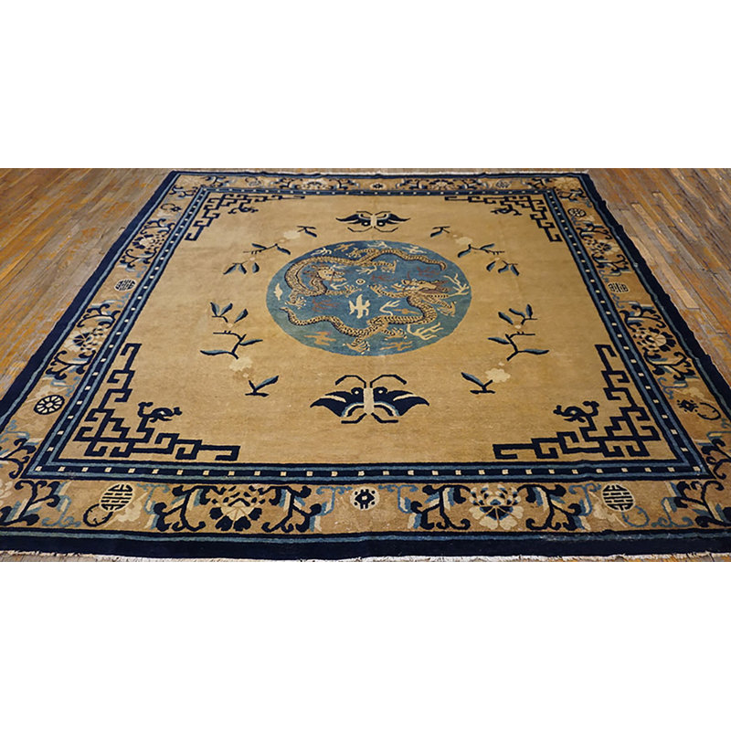 Antique Mongolian Design Chinese Geometric Medallion Hand Knotted Pile Rug