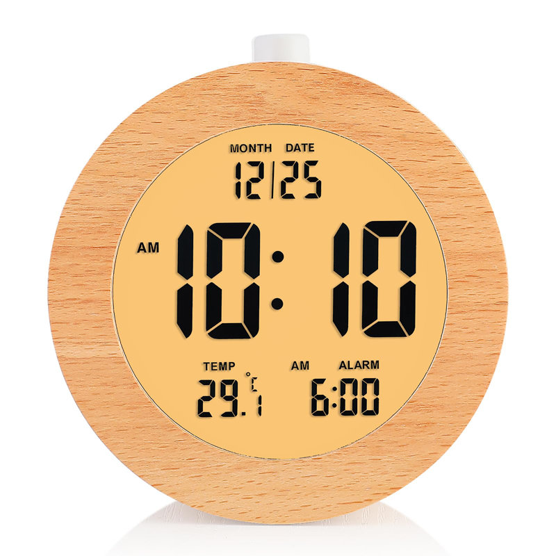 Round Wooden Digital Alarm Clock with Snooze, Nightlight, LCD Display