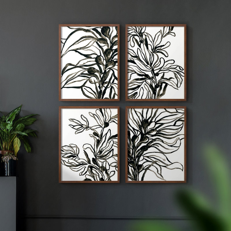 Contour de varech I, reproduction encadrée - ensemble de 4, Noyer, H 14 po x l 11 po