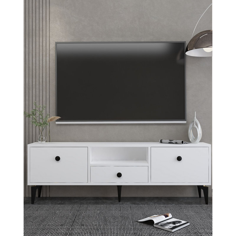 Meuble télé moderne avec de nombreuses tablettes, blanc et noir, 55,1 po x 19,3 po x 11,8 po | 100% panneau de particules enduit de mélamine, épaisseur: 0,7 pouce | Design élégant et fonctionnel pour le salon et les espaces de divertissement