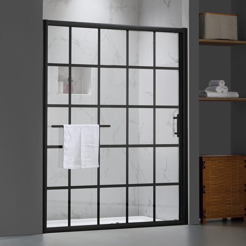 Cyrus 60"W x 72"H Single Sliding Aluminum Framed Shower Door with Black-Grid Tempered Glass and Protective Treatment