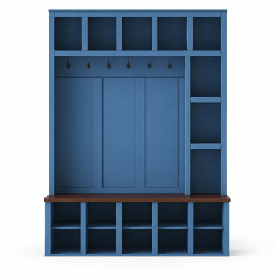 59" Wide Hall Tree with Storage Bench, 6 Hooks & Adjustable Shoe Shelves