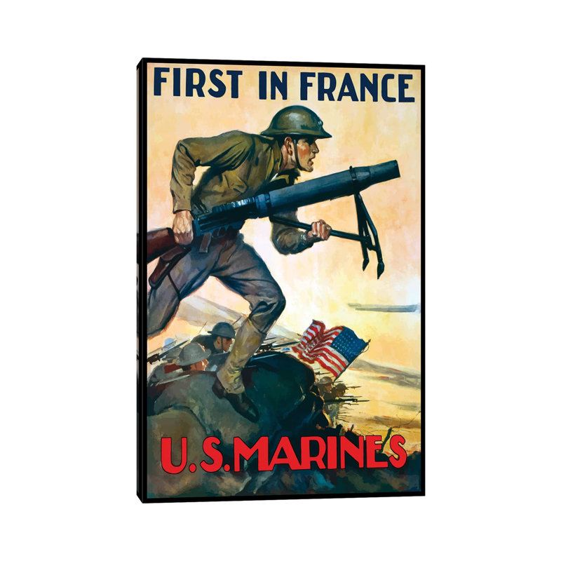 WWI Poster of Marines Charging into Battle Behind the American Flag 1 Piece Wrapped Canvas Wall Art, 20.32 cm H x 30.48 cm W