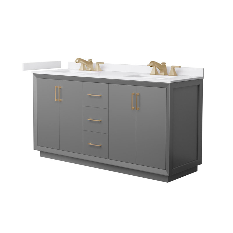 Strada 66" Freestanding Double Bathroom Vanity with Cultured Marble Top, Gray, Satin Bronze