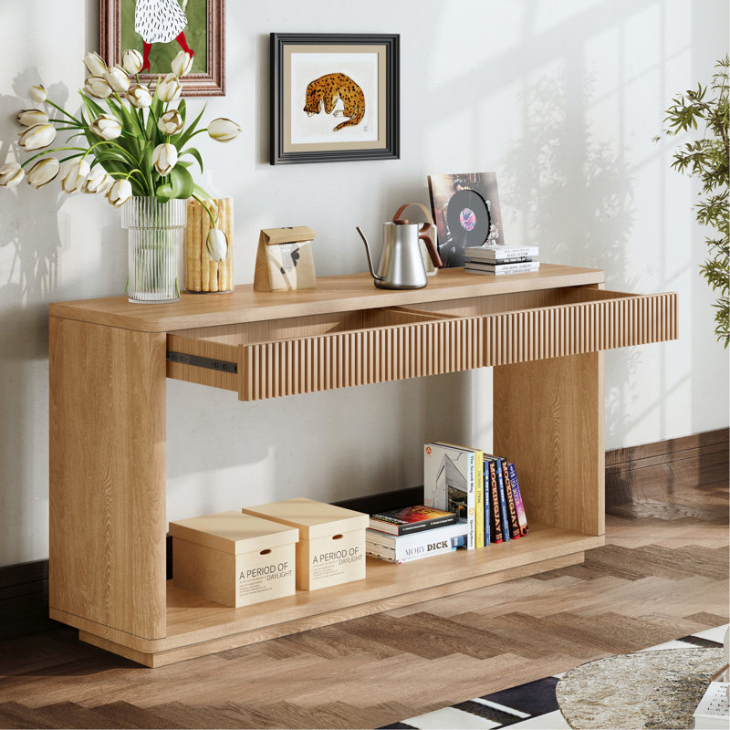 Console moderne à 2 tiroirs cannelés de 152 cm (60 po) en placage de bois naturel, idéale comme table d'appoint derrière un canapé, pour le salon, le corridor, l'entrée ou le bureau.