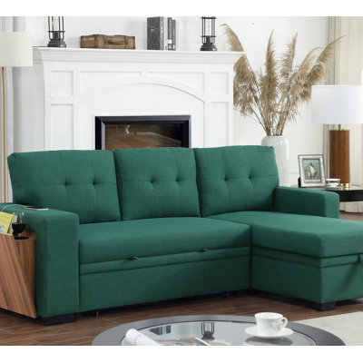 Green L-Shaped Sofa With Wooden Accent, Convertible Design And Storage For Enhanced Comfort And Space Efficiency