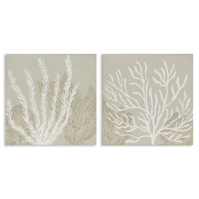 Ensemble de 2 toiles murales en sourdine de corail sur fond beige, design par Yvette St. Amant, H 17 po x l 17 po