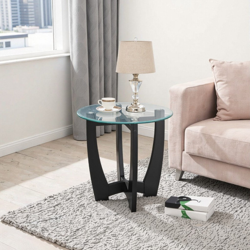 Table basse ronde moderne noire de 23,5 pouces avec plateau en verre trempé - Table de centre d'inspiration Mid-Century, Noir