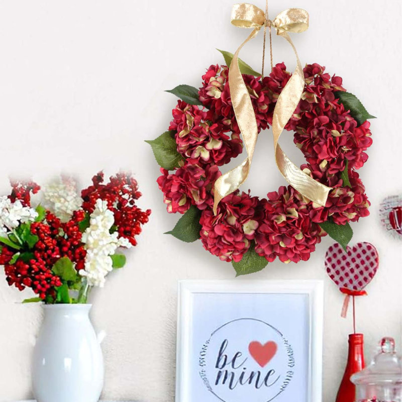 40cm Thanksgiving Wreath Fall Hydrangea Bowknot Decoration Flower Garland Wreath Thanksgiving Front Door Home Decor, Burgundy