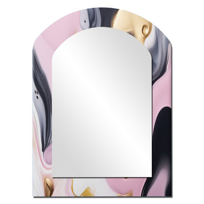 Rose et or Inner Worlds of Marble V - miroir arqué en marbre, miroir mural asymétrique rose unique, impression d'art en métal