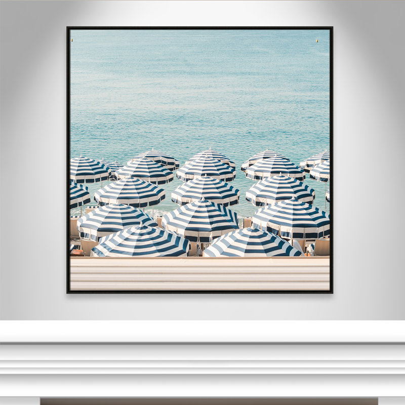 Striped Beach Umbrellas - Square Version Print by , 46.5'' W x 46.5'' H, Espresso Floater
