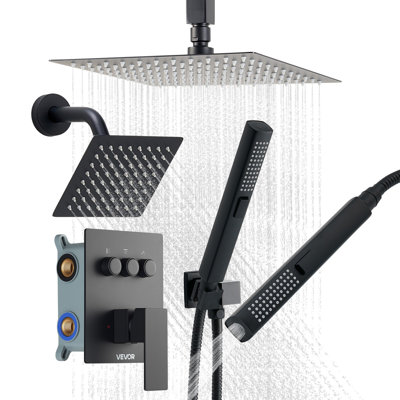 Ensemble de robinet de douche, système de douche à pluie au plafond de 10 pouces avec tête de fixation murale de 6 pouces et douchette portative 2 en 1, valve rotative à double fonction en laiton à 3 fonctions et ensemble de garniture, noir mat