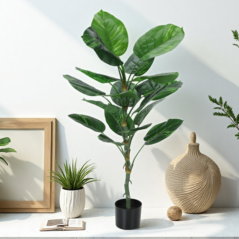 Arbre de 54 po artificiel de Dieffenbachia - plante de plancher artificielle Real Touch, peu d'entretien avec pot noir pour décoration d'intérieur