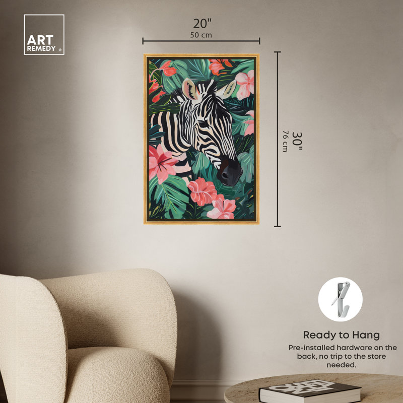 «Zebra Hidden In Tropics Tropical Jungle Animals» par Art Remedy, H 31 po x l 21 po, Cadre doré