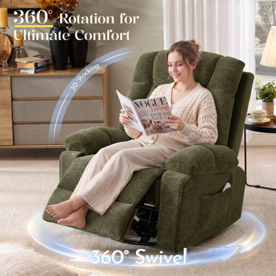 39" W Modern Olive Green Chenille Swivel Rocking Manual Recliner Chair with 8-Point Massage & Lumbar Heat