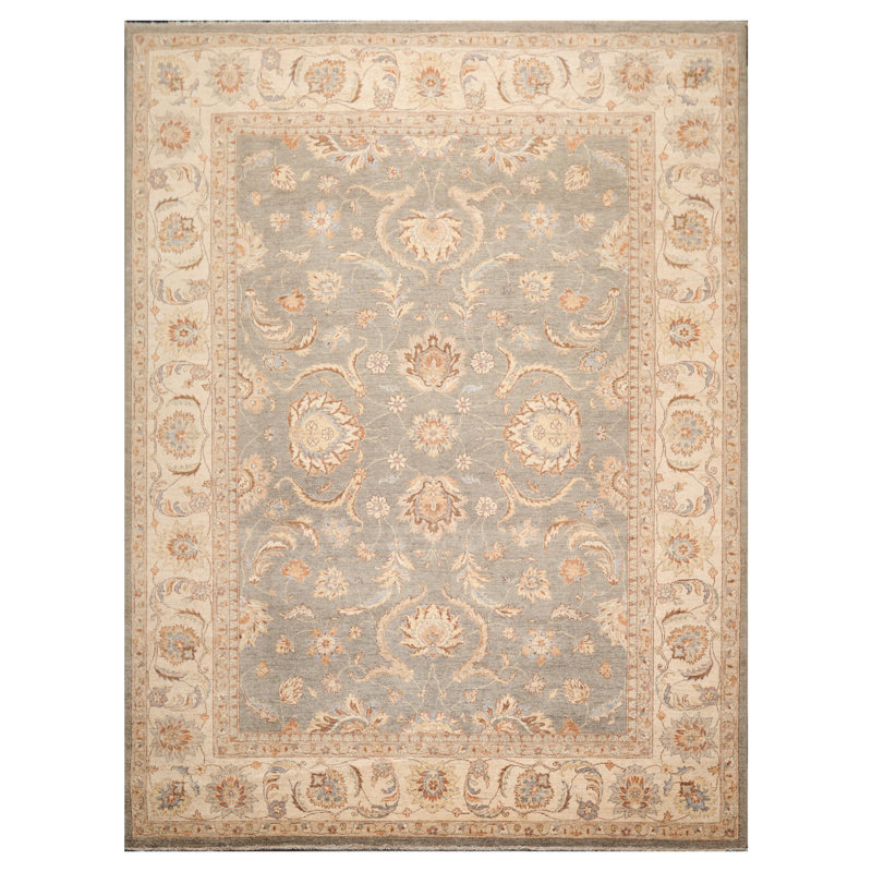 Tapis gris en laine noué à la main de conception unique 8 pi 10 po x 11 pi 10 po Feune