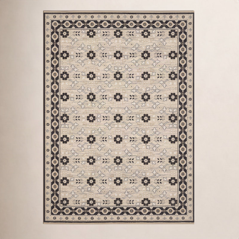 Tapis en laine beige / noir Kuester Traditonal, Rectangle 9 pi 10 po x 12 pi 10 po