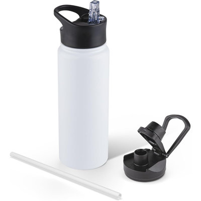 Bouteille d'eau isotherme 24 oz avec couvercle en paille et couvercles à large ouverture, bouteilles d'eau de sport en acier inoxydable, aspirateur à double paroi, étanche, blanc