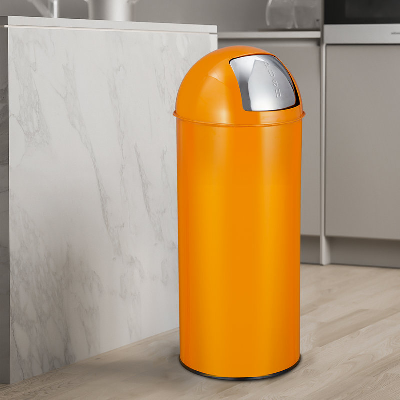 Poubelle commerciale en acier de 17 gallons avec couvercle à pousser, poubelle en acier roulé robuste, pour la cuisine ou l'extérieur, orange