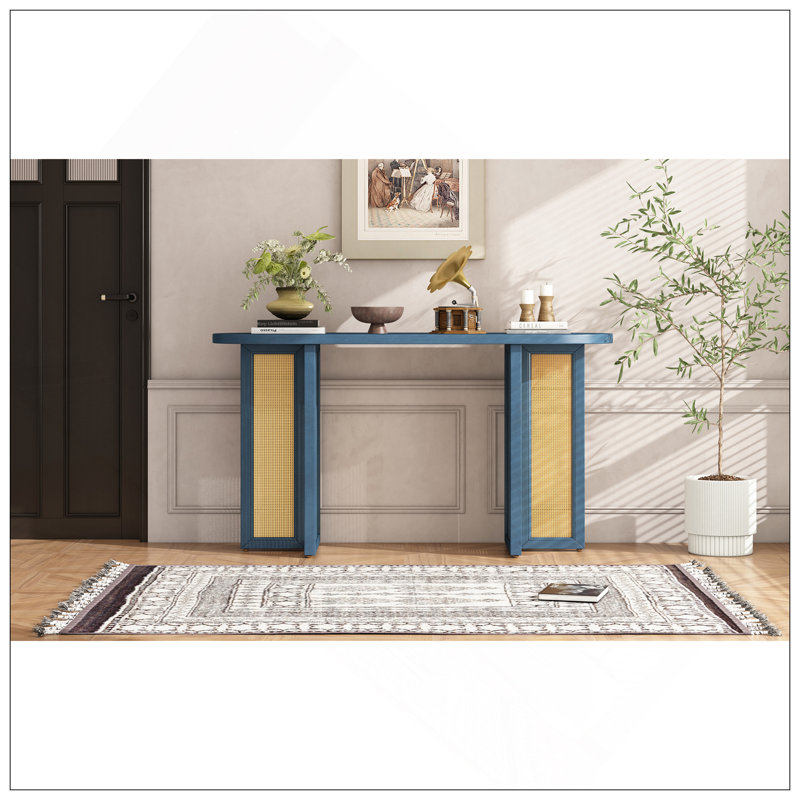 Console d'entrée en rotin de style campagnard, console étroite avec rangement, table de couloir pour le salon, entrée (bleu marine)