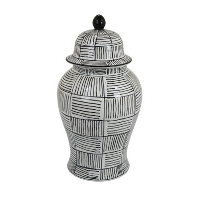 Loi Temple Jar with Lid, Black White Grid Pattern Ceramic, 17 Inch Decor