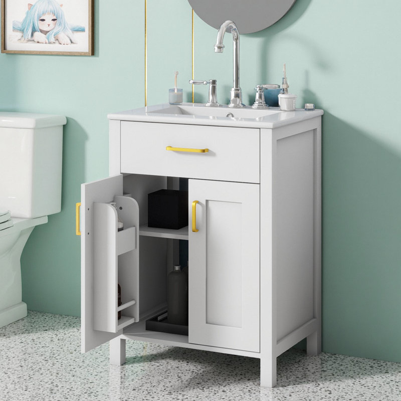 Ensemble de meuble-lavabo compact 24 po avec lavabo en céramique et accents dorés, Blanc / or
